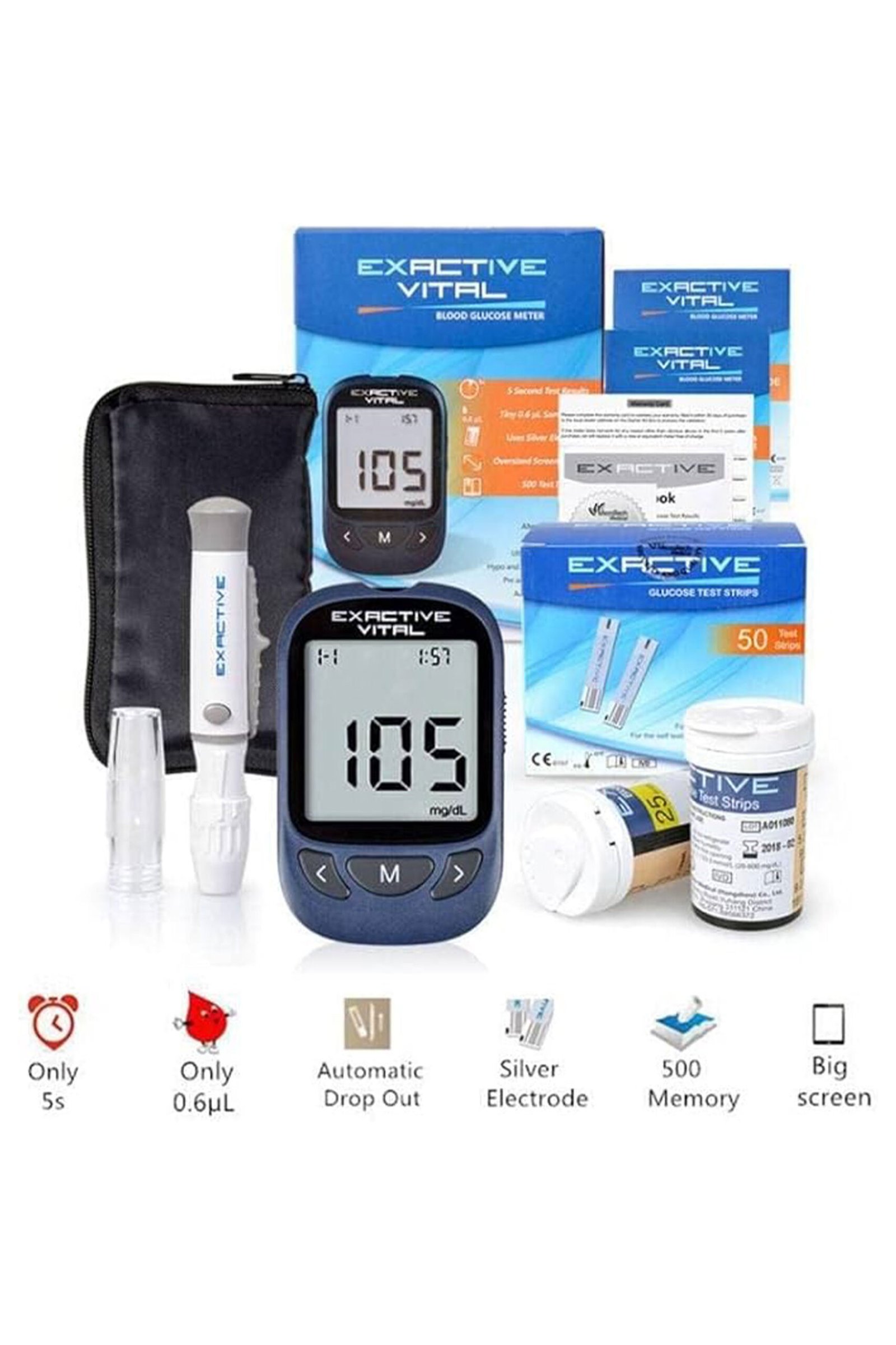 جهاز قياس سكر اكزاكتف + ٢٥ شريط قياس + قلم شكاكة + شنطة تخزين